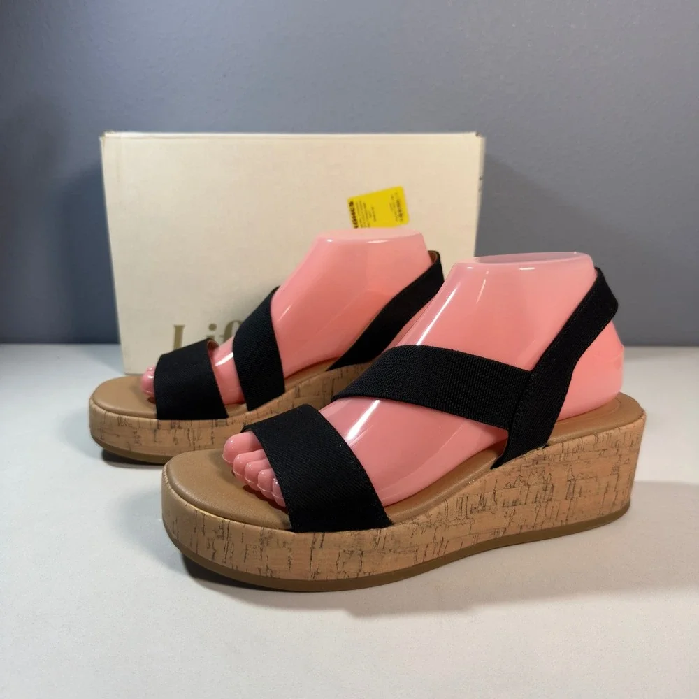 LifeStride Odette Wedge Sandals Womens 8 Black New Canvas Cork Platform Comfort